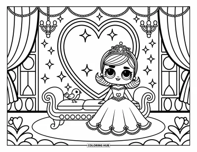 Dibujo para colorear de muñecas para adultos: Una muñeca con una corona se sienta cerca de un pájaro, destellos y candelabros dentro de la habitación de su castillo