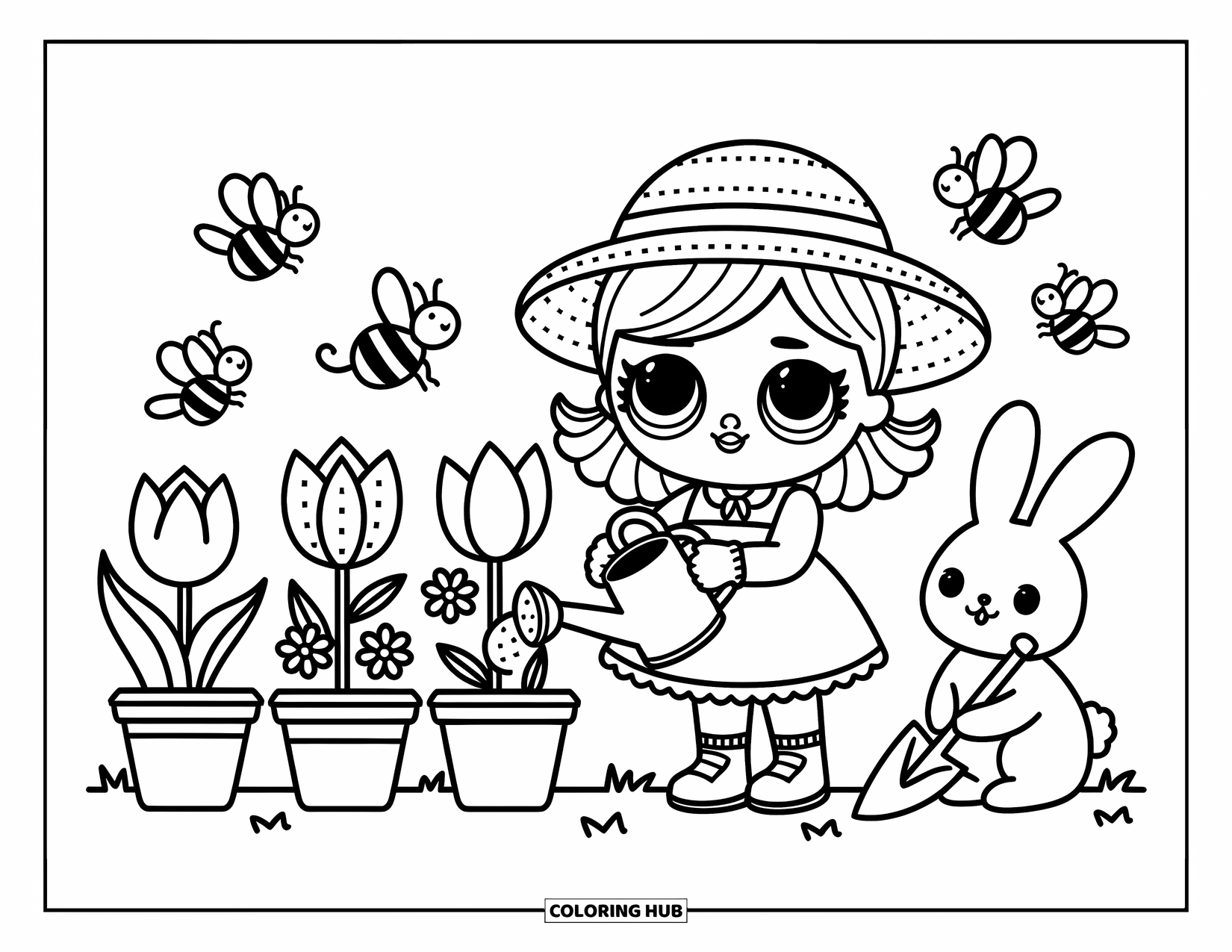 Disegno di bambola da colorare per adulti: una bambola in un giardino annaffia i fiori vicino a un coniglietto, api e una casetta per gli uccelli
