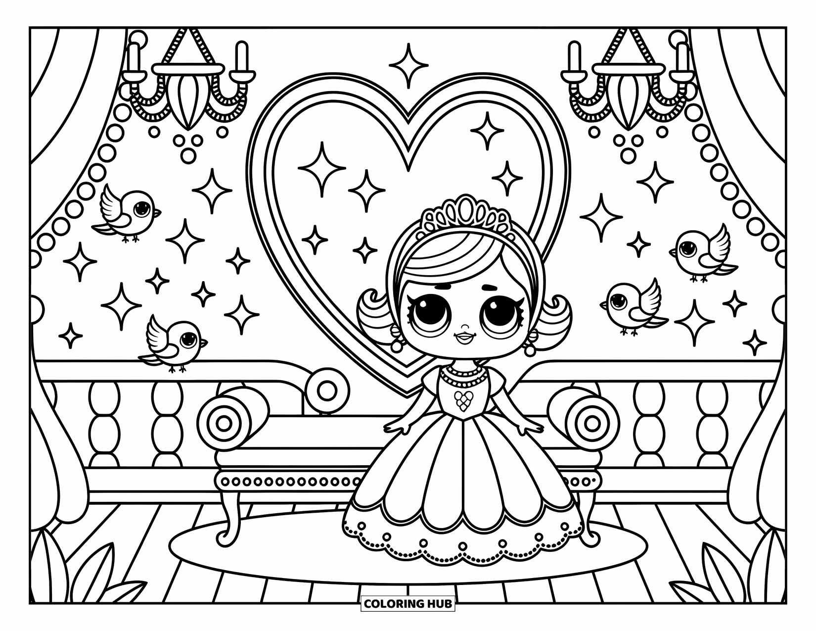 Disegno di una bambola da colorare per adulti: Una bambola in abito da sera è seduta vicino a una finestra a forma di cuore all'interno di un castello da favola