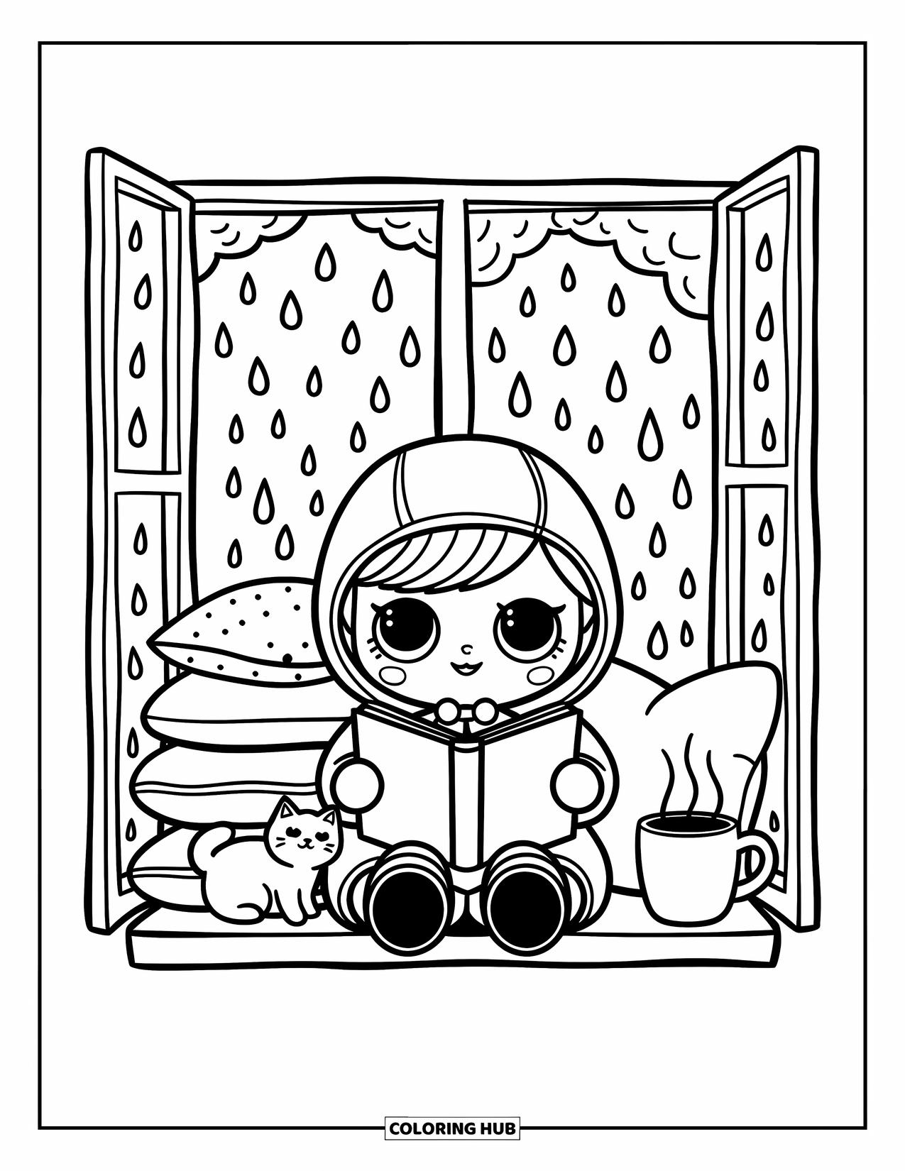 Disegno di una bambola da colorare per adulti: Una bambola in impermeabile legge un libro di fiabe accanto a un gatto in un giorno di pioggia