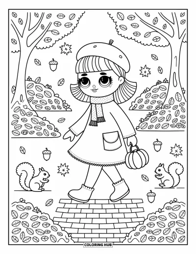 Dibujo para colorear de muñecas para adultos: Una muñeca con una bufanda camina entre hojas arremolinadas con una pequeña bolsa de calabaza en la mano