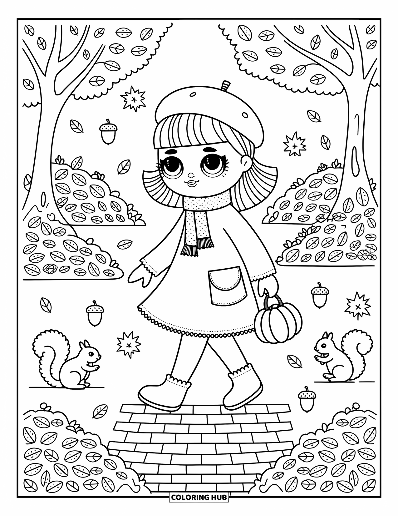 Disegno di una bambola da colorare per adulti: Una bambola con una sciarpa cammina tra foglie turbinanti con una piccola borsa a forma di zucca in mano