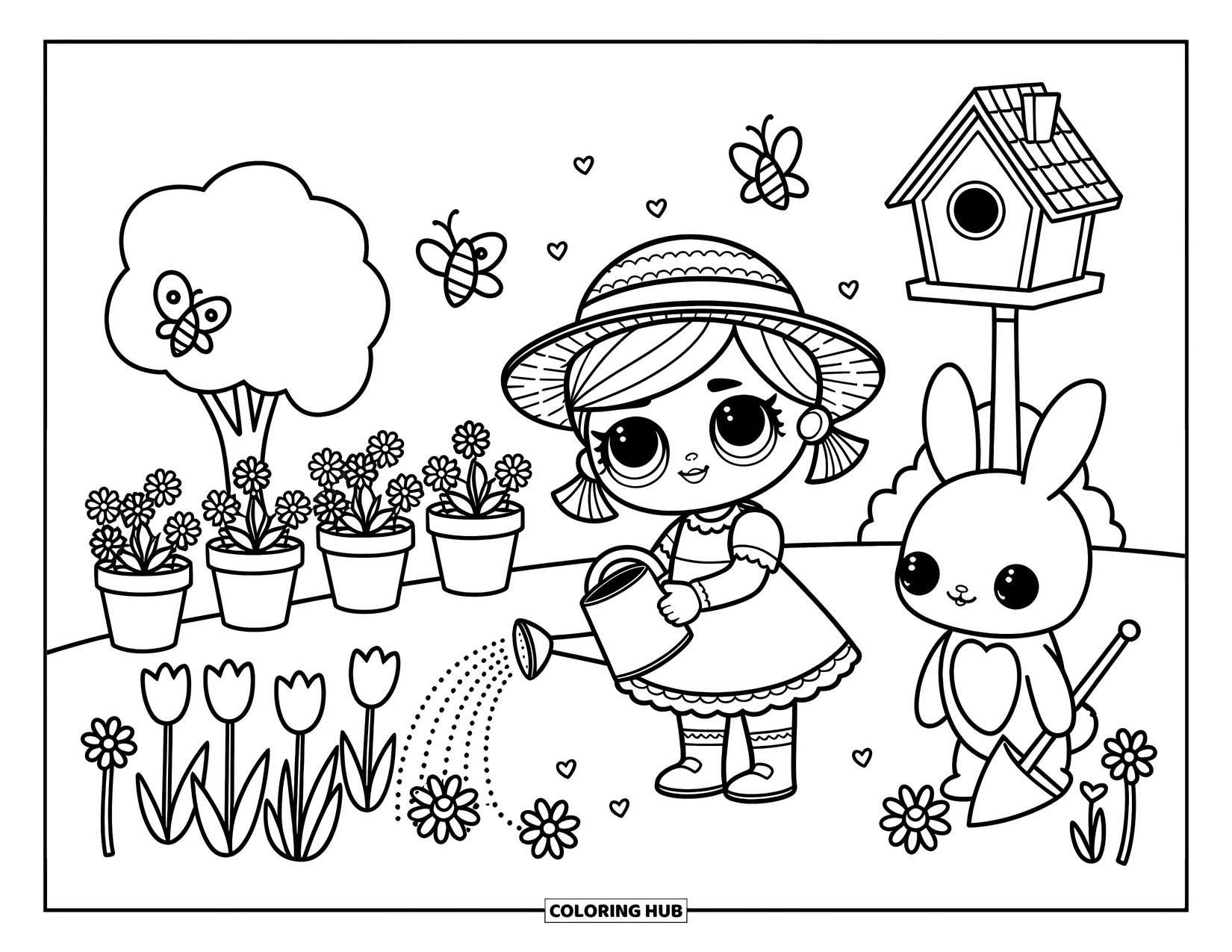 Disegno di una bambola da colorare per adulti: Una bambola con un cappello di paglia annaffia i fiori mentre le farfalle svolazzano e un coniglietto sorride nelle vicinanze