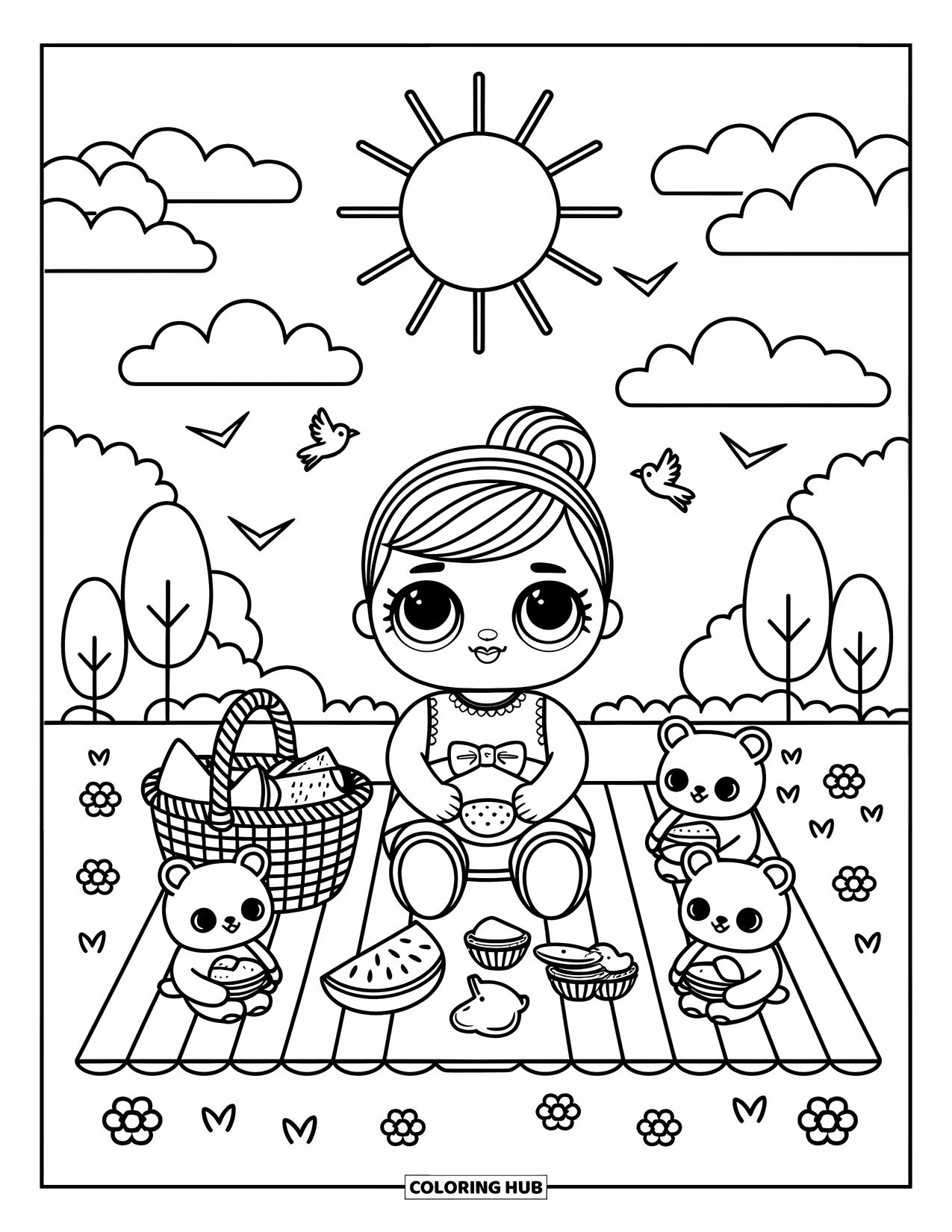Disegno di una bambola da colorare per adulti: Una bambola fa un picnic con anguria, snack e peluche sotto nuvole soffici e uccelli canterini