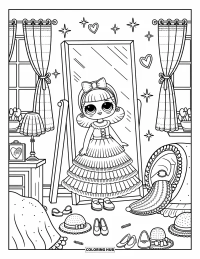 Dibujo para colorear de muñecas para adultos: Una muñeca posa frente a un espejo mientras pequeños sombreros y zapatos se derraman de su armario