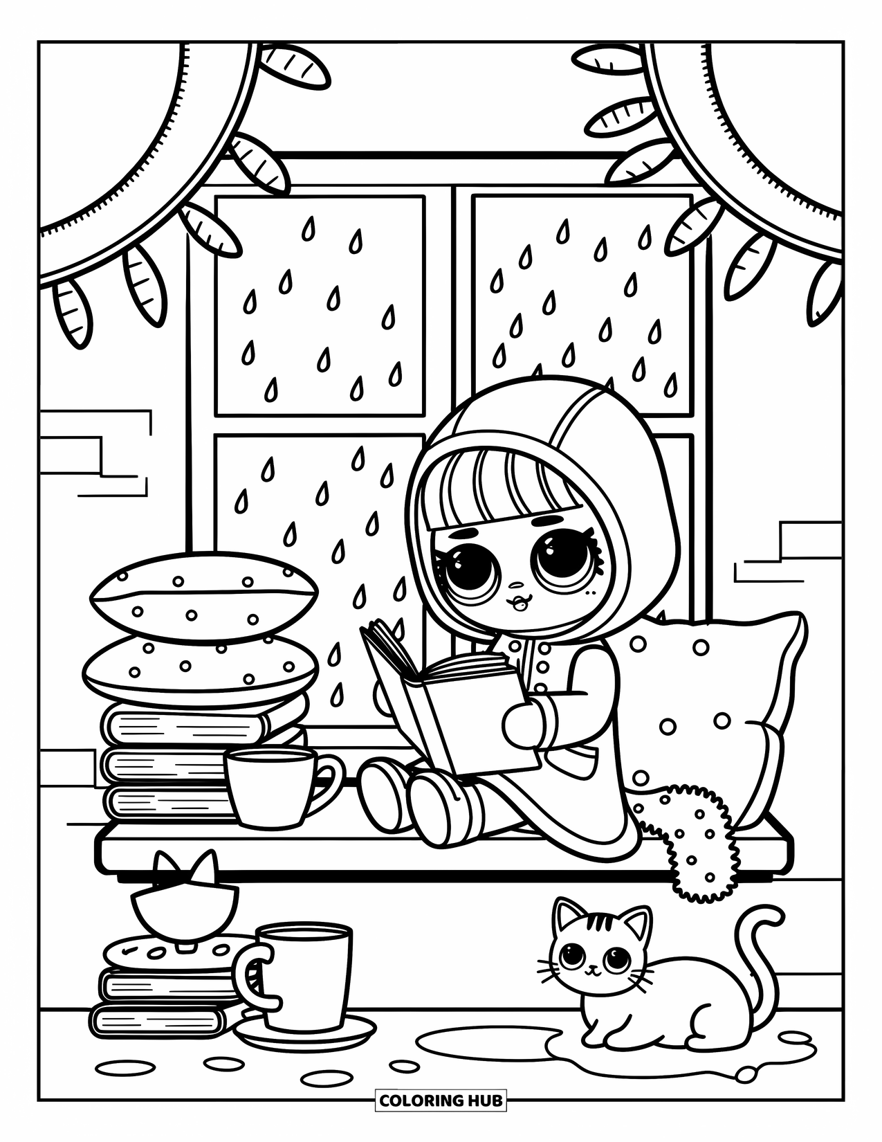Disegno di una bambola da colorare per adulti: Una bambola legge un libro in un angolo della finestra con un gatto e una bevanda calda