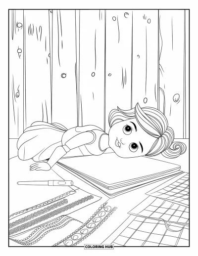 Dibujo para colorear de muñecas para adultos: Una muñeca descansa sobre una mesa de manualidades con encaje y bocetos junto a una pared rústica