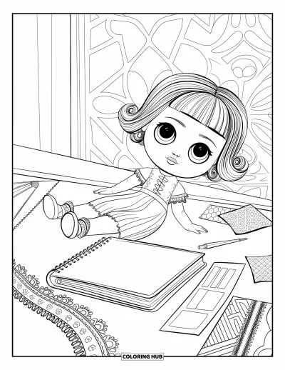 Dibujo para colorear de muñecas para adultos: Una muñeca descansa sobre una mesa con encaje, trozos de tela y una pared estampada