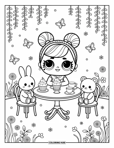 Dibujo para colorear de muñecas para adultos: Una muñeca comparte té y golosinas con peluches en un floreciente jardín de primavera