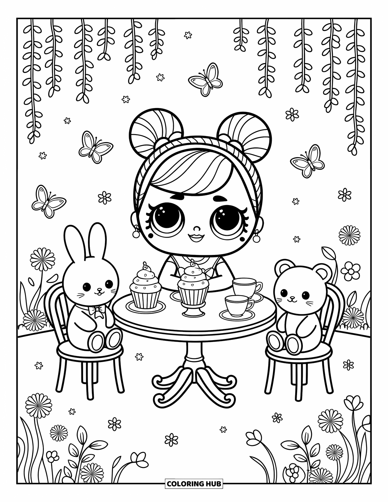 Disegno di una bambola da colorare per adulti: Una bambola condivide tè e dolcetti con peluche in un giardino primaverile fiorito