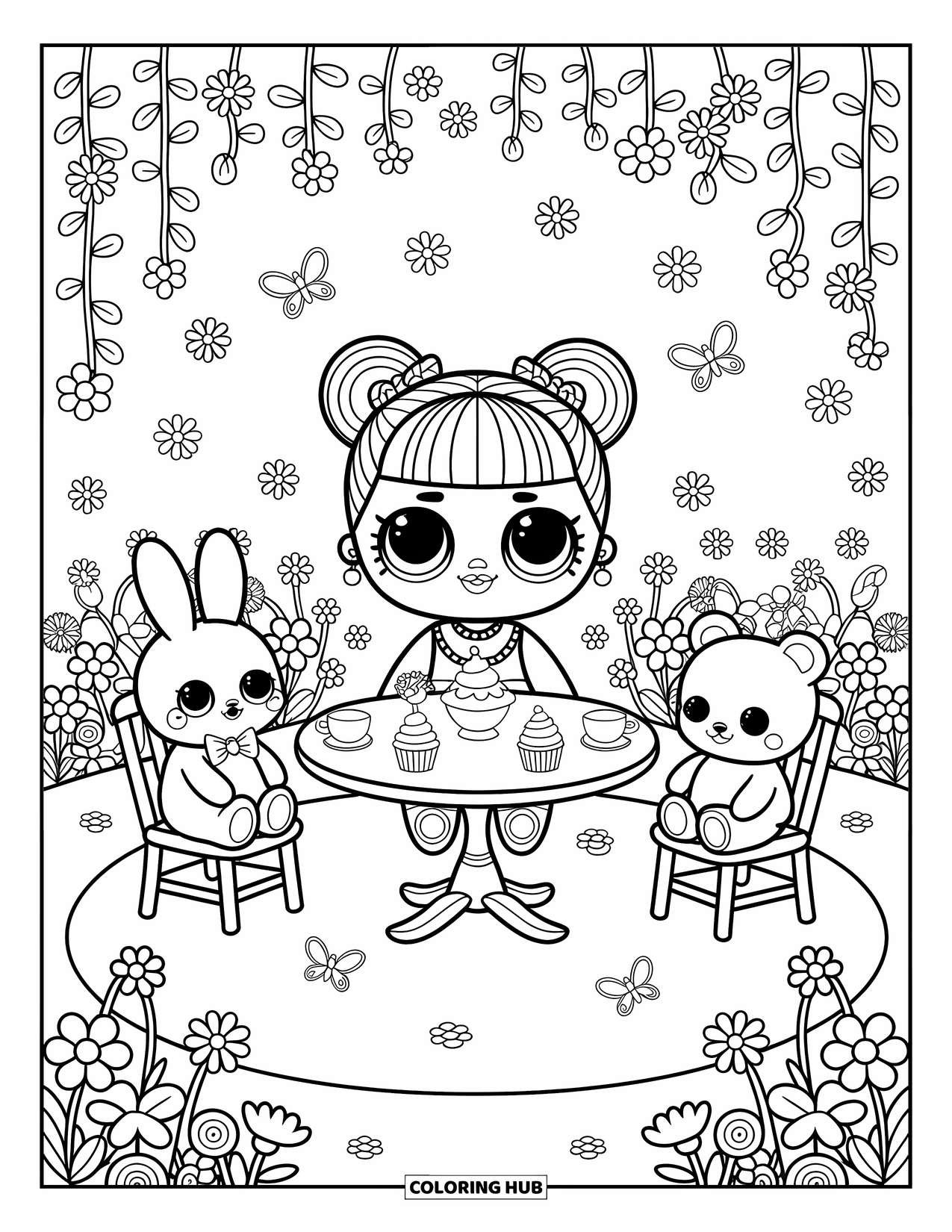 Disegno di una bambola da colorare per adulti: Una bambola sorseggia il tè con amici di peluche circondata da fiori, viti e farfalle