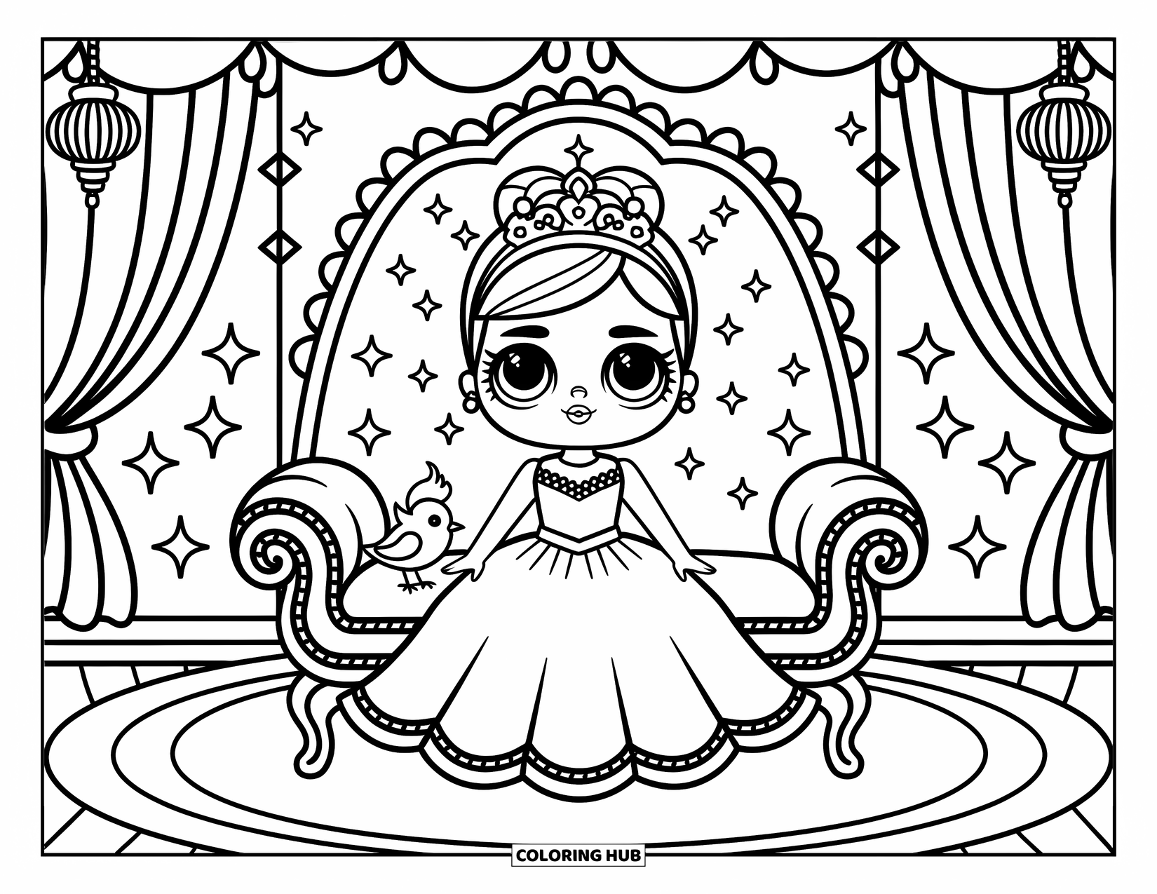 Disegno di una bambola da colorare per adulti: Una bambola è seduta su una panchina con una corona e un abito, circondata da scintillii e drappeggi