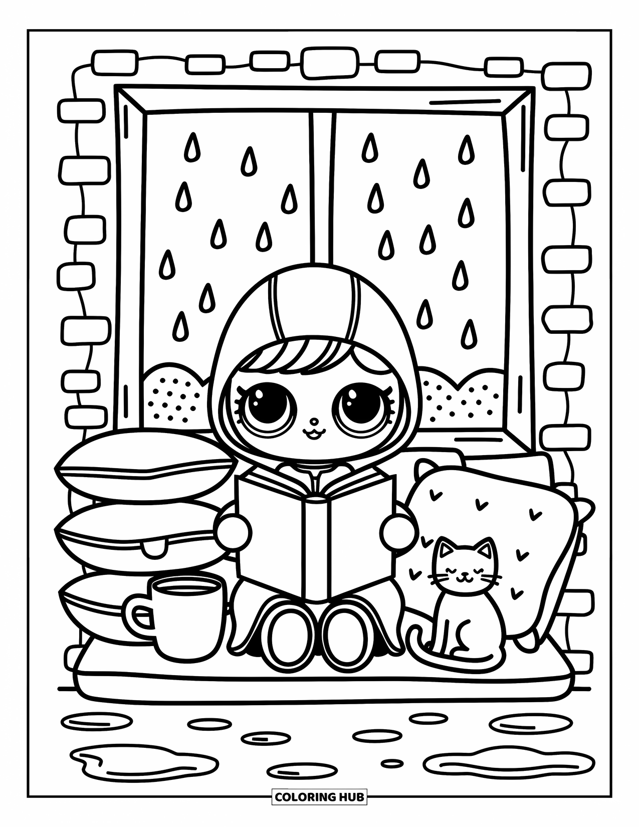 Disegno di una bambola da colorare per adulti: Una bambola si rannicchia in un angolo della finestra con il suo libro di fiabe, un gatto e cieli piovosi
