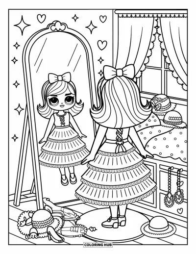 Dibujo para colorear de muñecas para adultos: Una muñeca está de pie junto a su espejo con un vestido con volantes y sombreros y zapatos a su alrededor