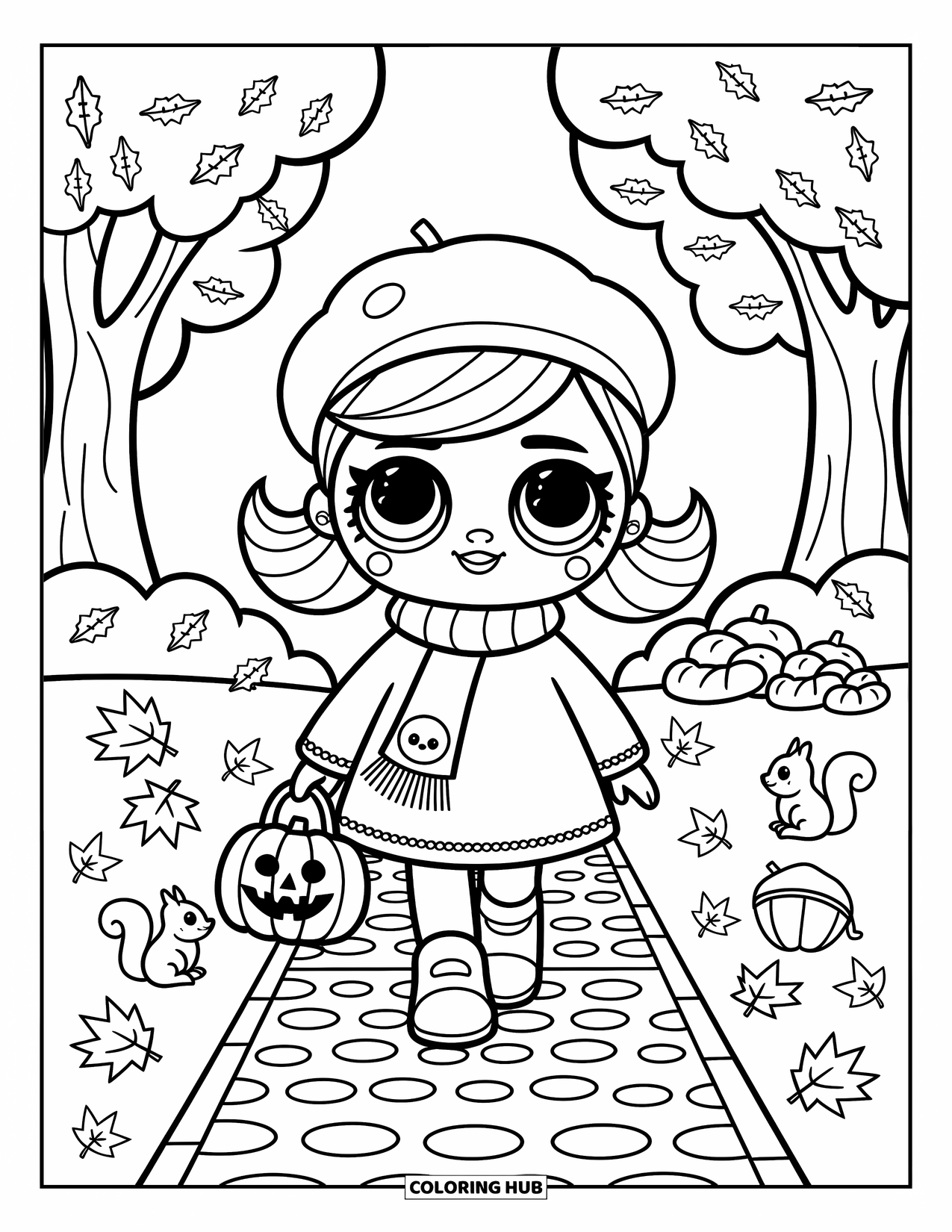Disegno di una bambola da colorare per adulti: Una bambola passeggia in un parco frondoso tenendo una borsa a forma di zucca con scoiattoli nelle vicinanze