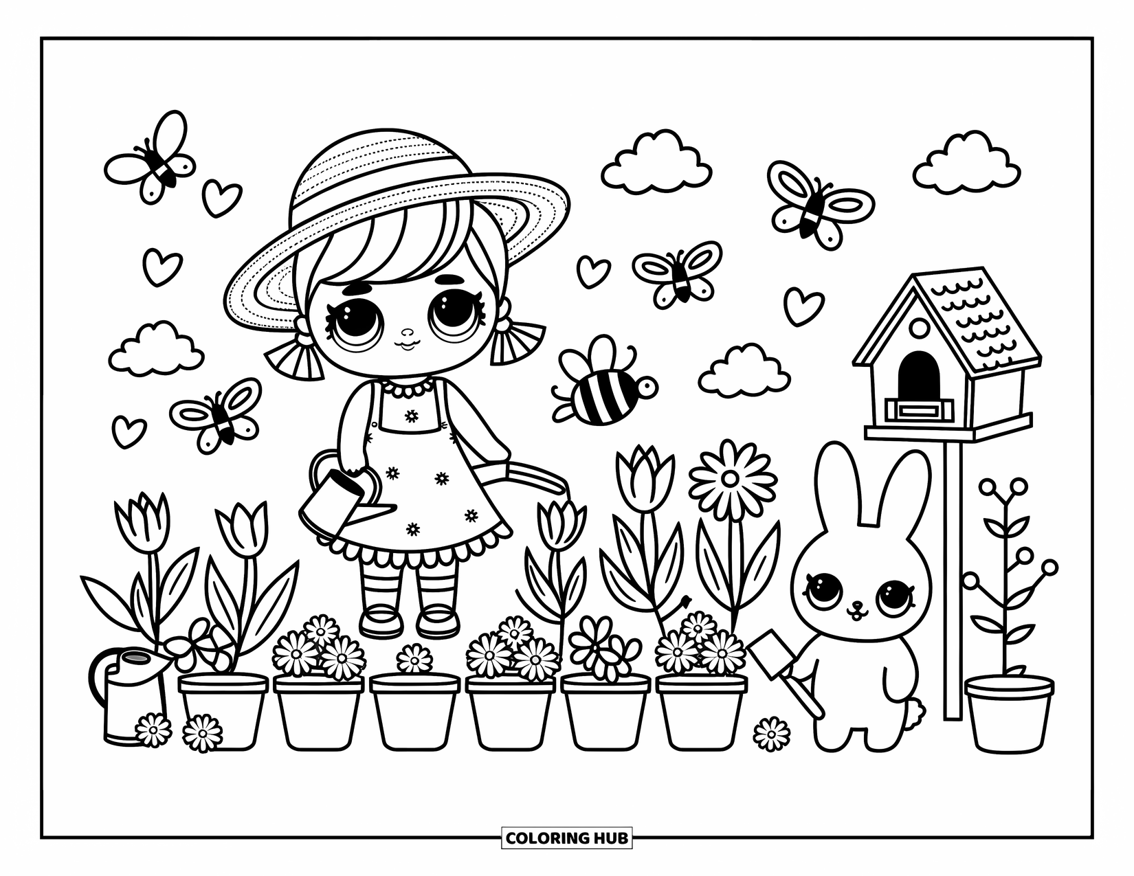 Disegno di una bambola da colorare per adulti: Una bambola si prende cura del suo giardino accanto a vasi di fiori, api e un allegro coniglietto con una vanga