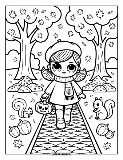 Dibujo para colorear de muñecas para adultos: Una muñeca camina por un camino empedrado rodeada de hojas, bellotas y ardillas juguetonas
