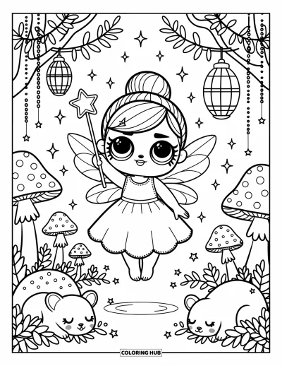 Dibujo para colorear de muñecas para adultos: Una muñeca hada flota con su varita cerca de linternas, estrellas y criaturas del bosque