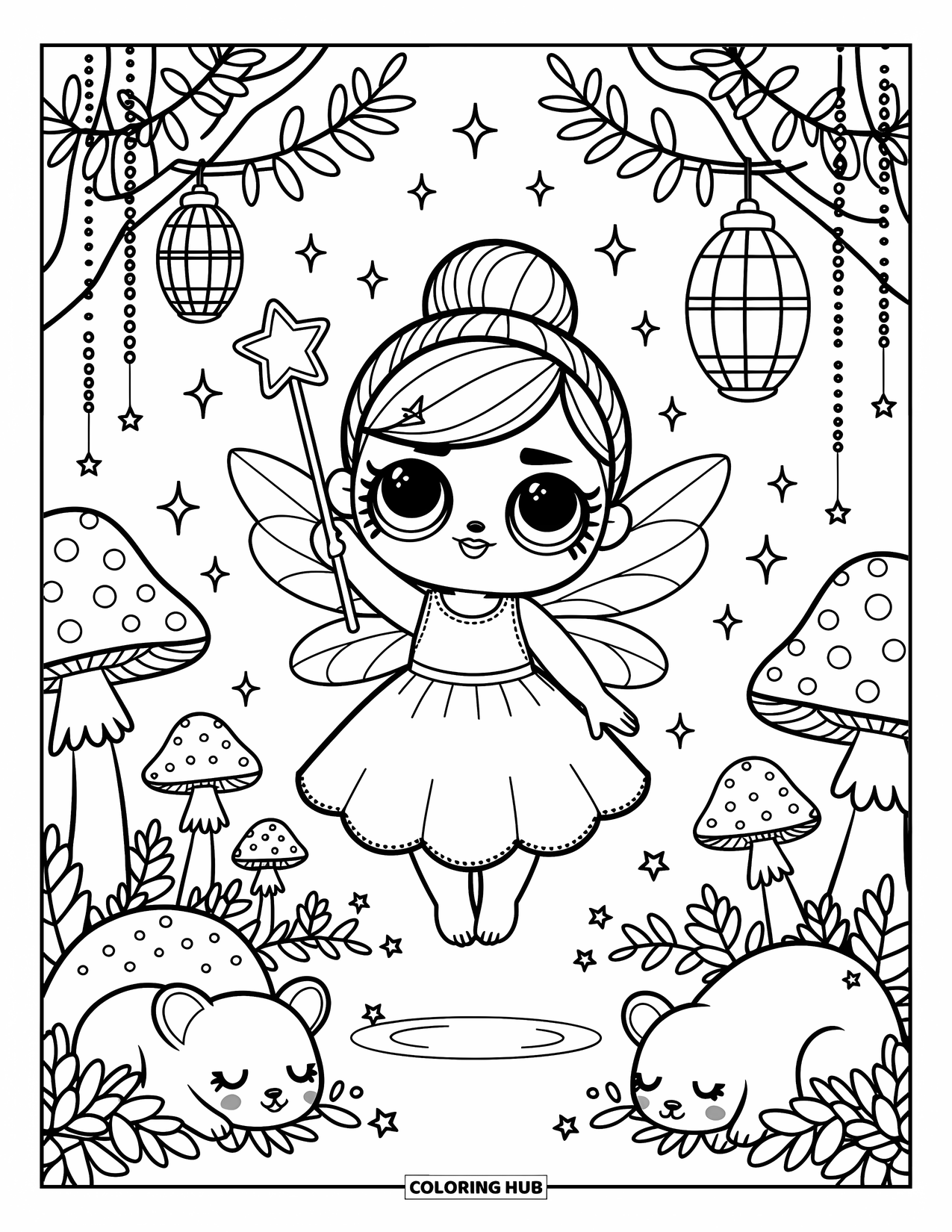 Disegno di una bambola da colorare per adulti: Una bambola fata aleggia con la sua bacchetta vicino a lanterne, stelle e creature della foresta