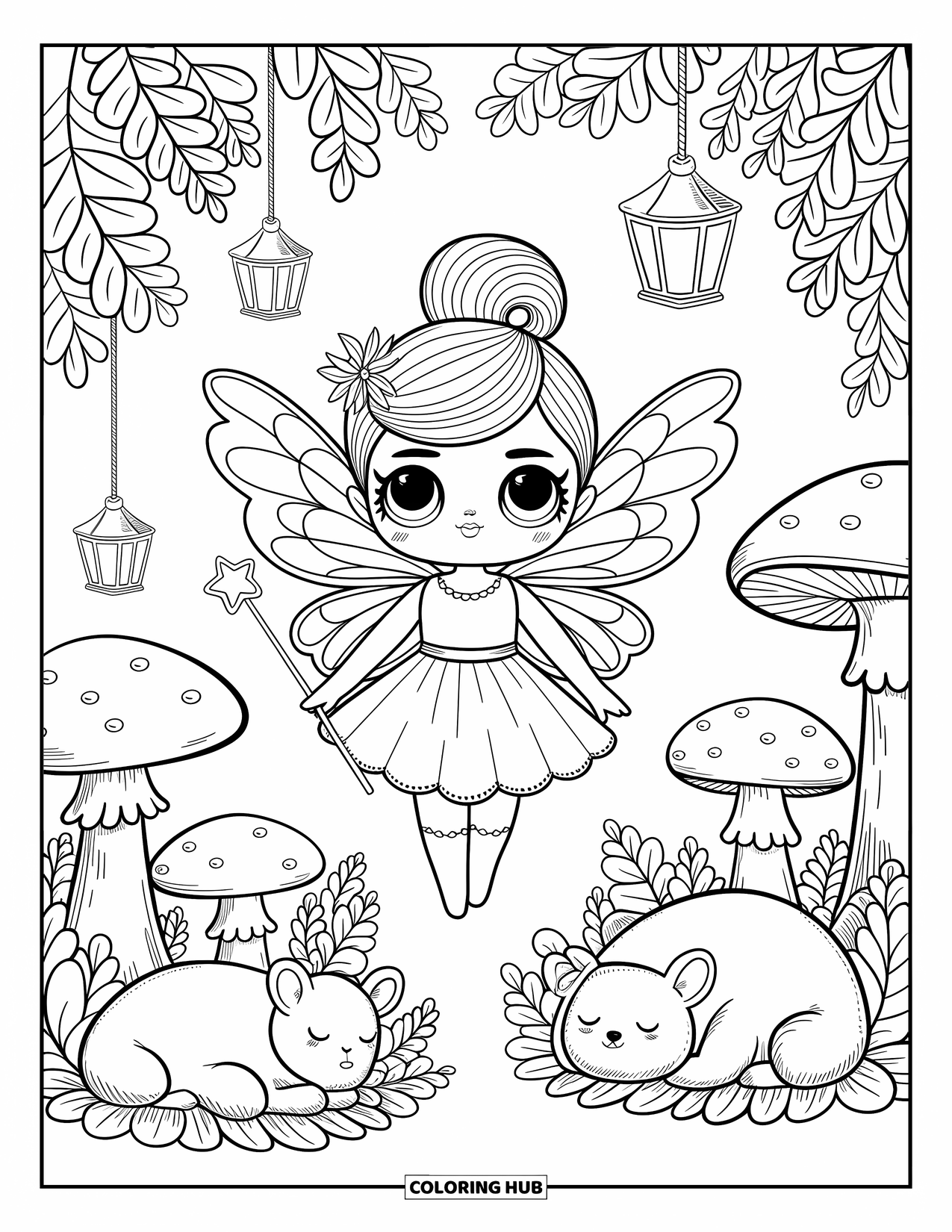 Disegno di una bambola da colorare per adulti: Una bambola fata con una bacchetta fluttua in una foresta di lanterne, funghi e creature