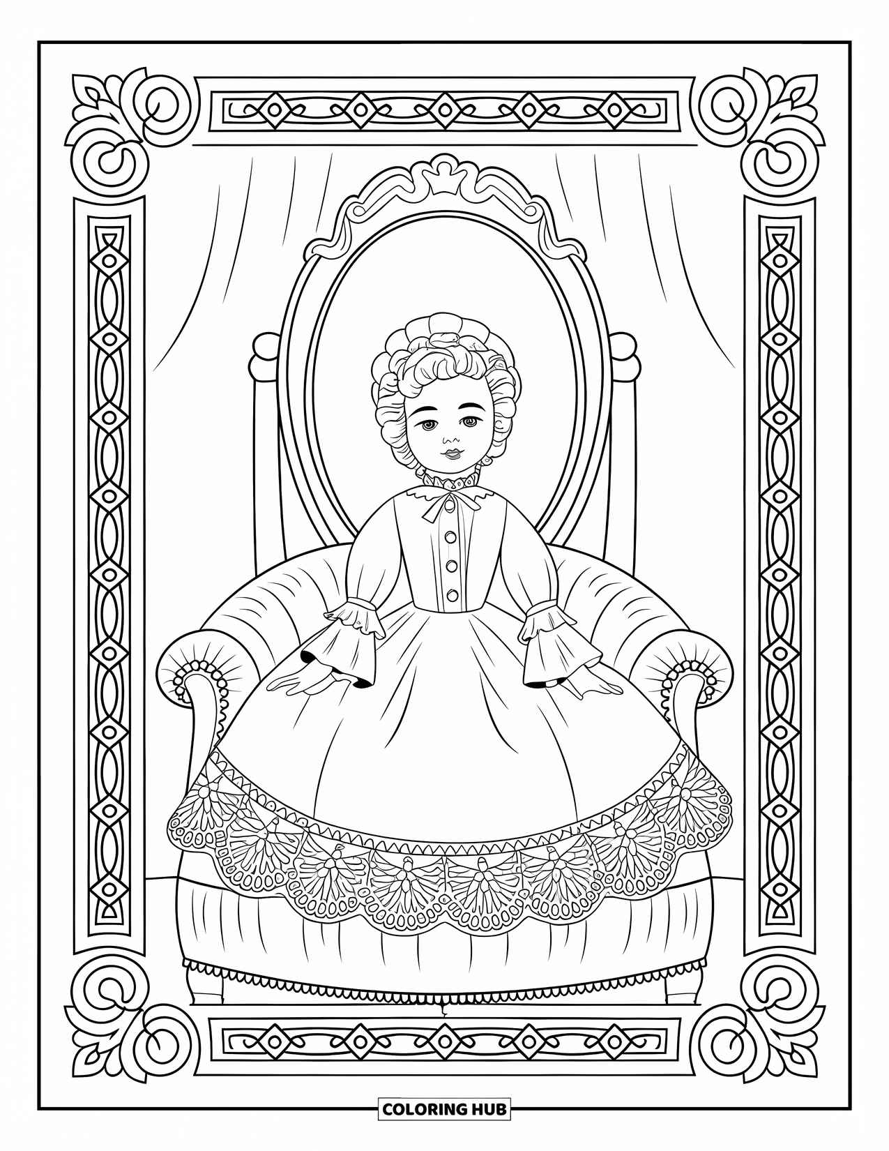 Disegno di bambola da colorare per adulti: una bambola di porcellana siede tranquillamente con una sedia di pizzo e un bordo decorato dietro di lei