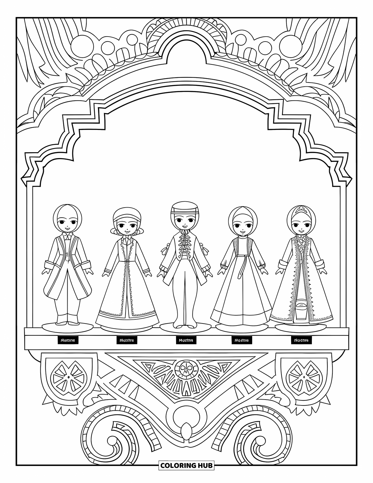 Disegno di bambola da colorare per adulti: uno scaffale di cinque bambole storiche si erge contro un muro con dettagli decorativi