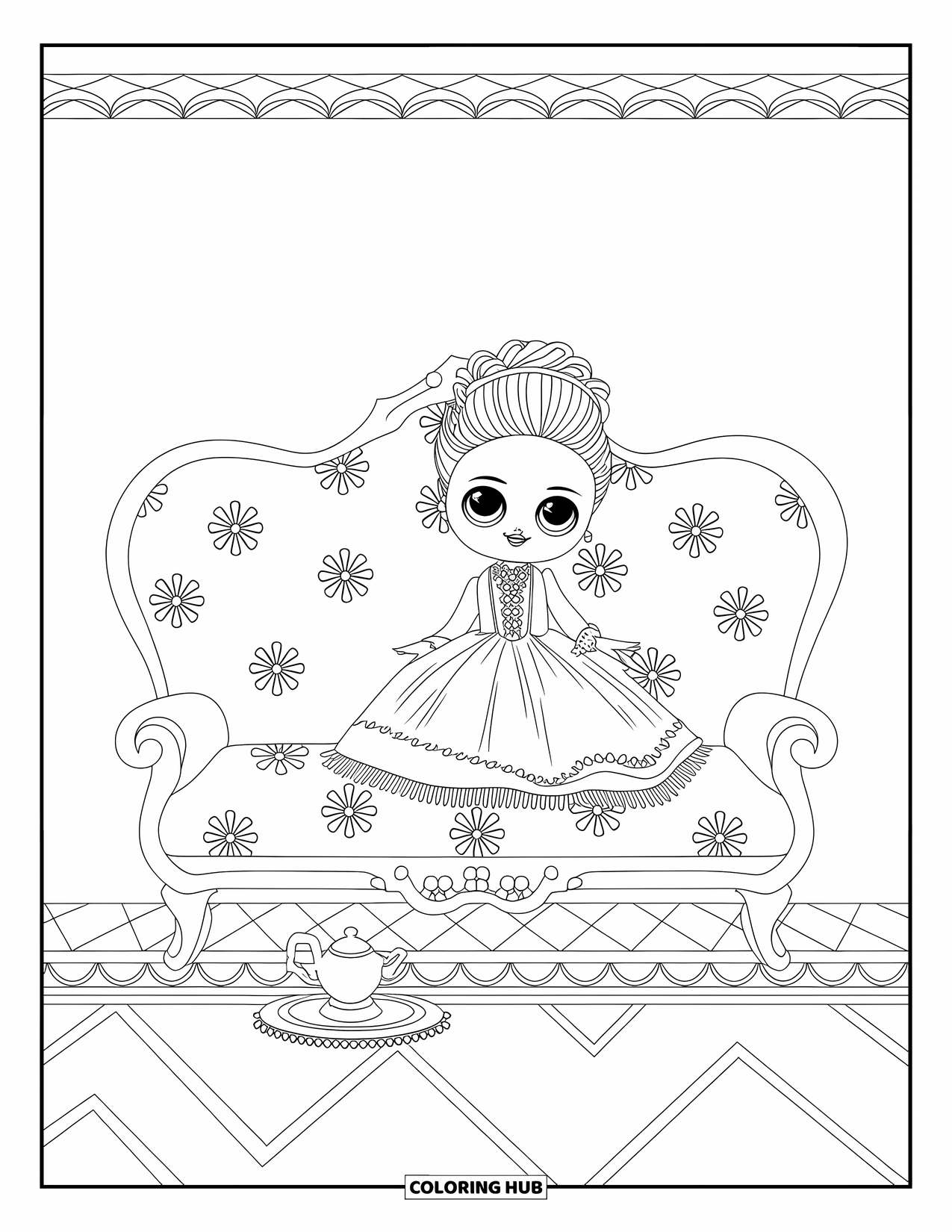 Disegno di bambola da colorare per adulti: una bambola vittoriana si rilassa su un divano ricoperto di rose con tè e un tappeto decorato
