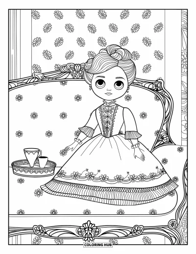 Dibujo de muñeca para colorear para adultos: Una muñeca victoriana se sienta en un sofá con detalles de encaje y una taza de té