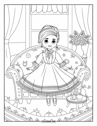 Dibujo de muñeca para colorear para adultos: Una muñeca victoriana se sienta en un sofá floral junto a una pequeña bandeja de té y una ventana