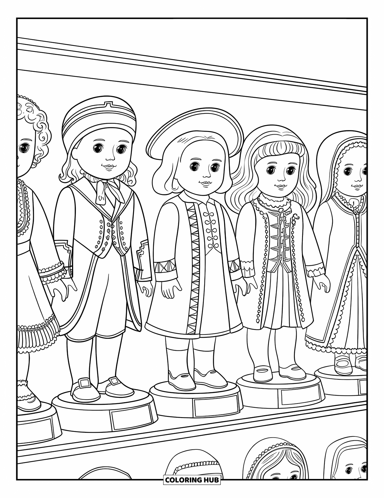 Disegno di una bambola da colorare per adulti: Cinque bambole da collezione sono in fila su uno scaffale con targhette identificative