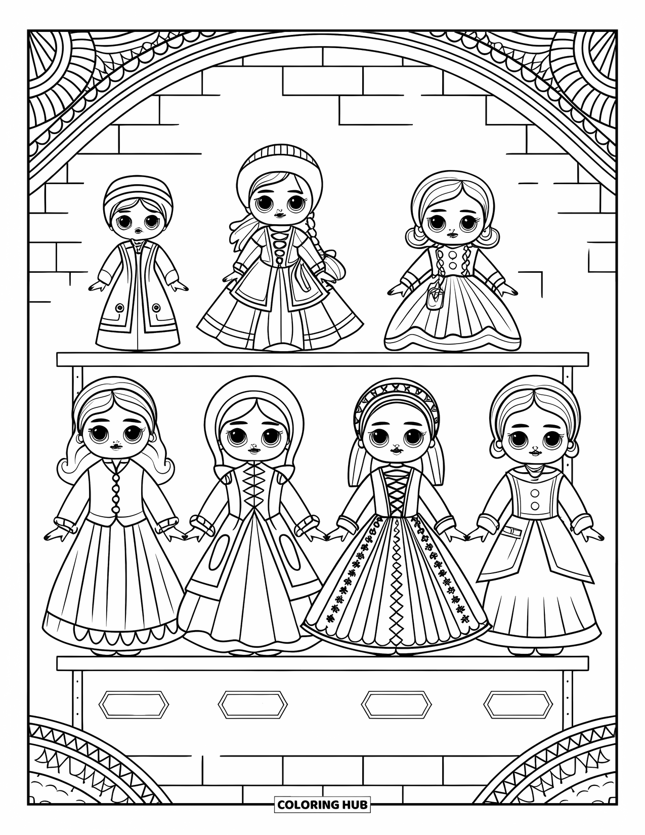 Disegno di bambola da colorare per adulti: cinque bambole in costume sono in piedi su uno scaffale con intricati motivi dietro di loro