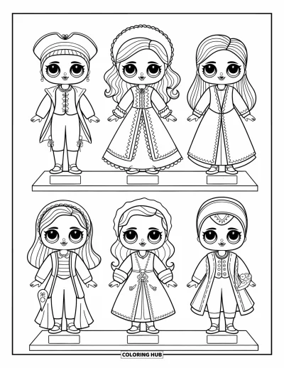 Dibujo de muñeca para colorear para adultos: Cinco muñecas con etiquetas de nombre están de pie en un estante en una exhibición simple y elegante