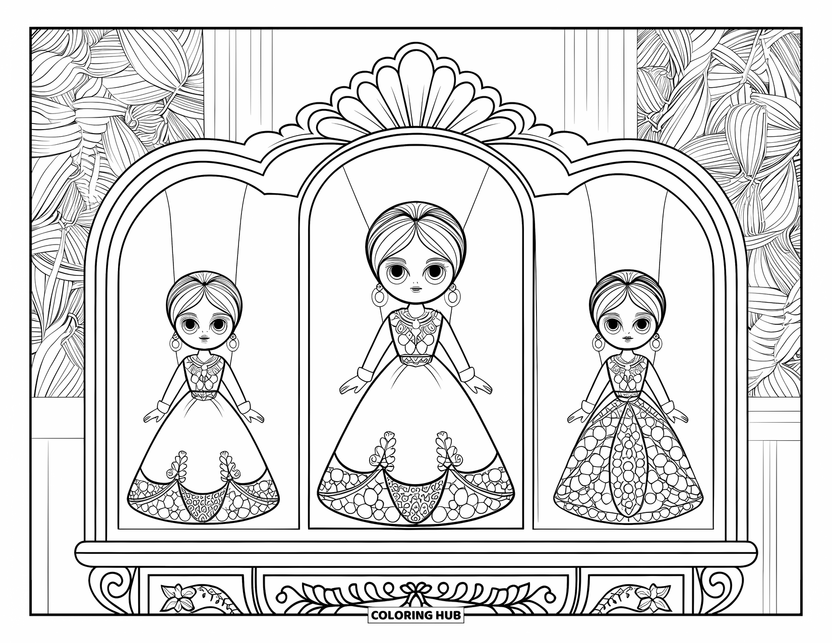 Disegno di bambola da colorare per adulti: tre bambole dettagliate sono esposte in un mobile intagliato con una parete floreale dietro di loro