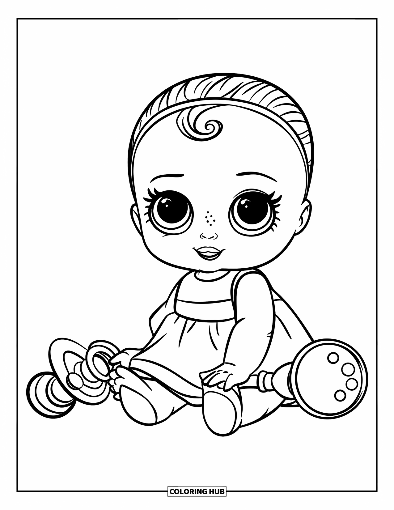 Disegno di una bambola da colorare per bambini: Una bambola neonata in un abito rosa è seduta con il suo ciuccio e un sonaglio blu