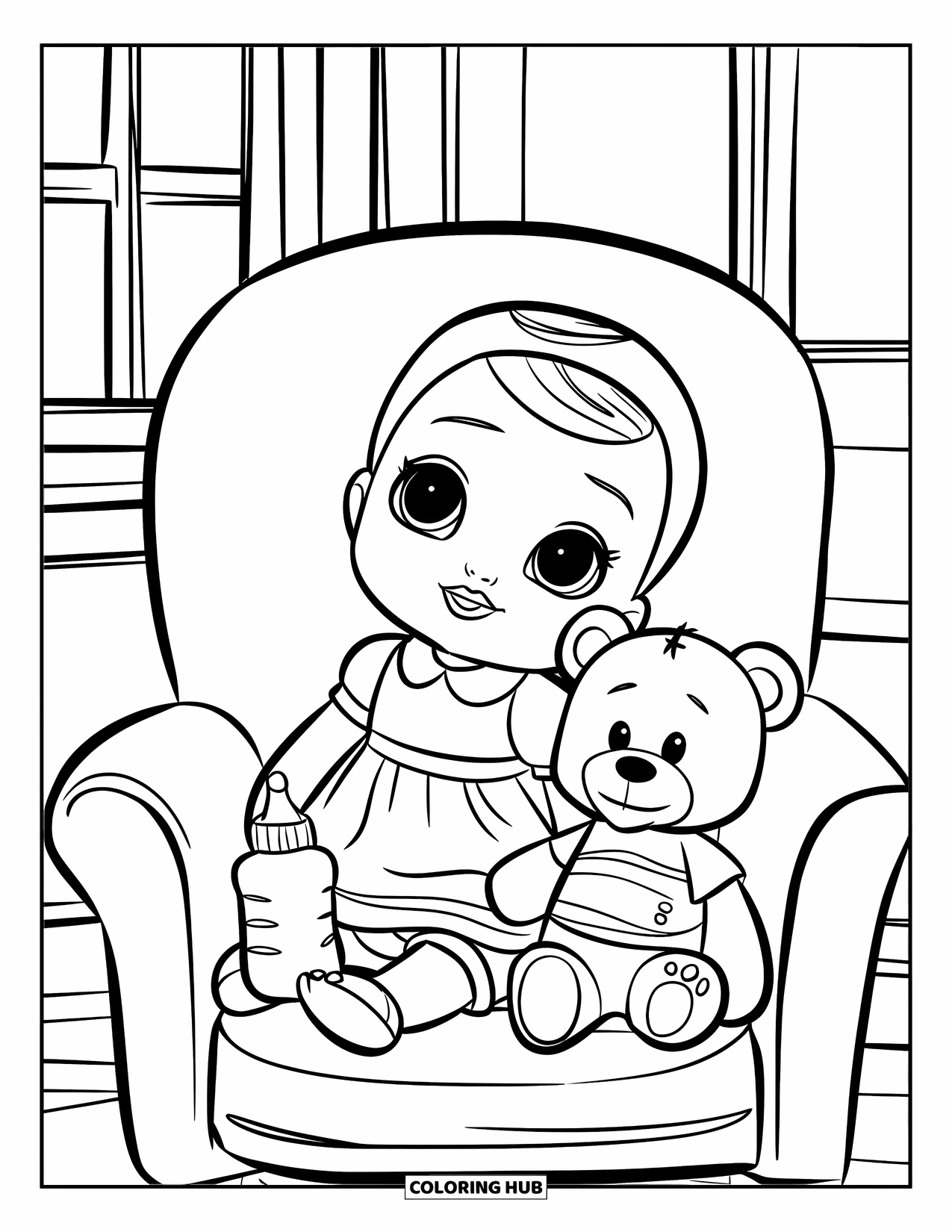 Disegno di una bambola da colorare per bambini: Una bambola neonata su una sedia condivide il suo spazio con un orsacchiotto e un biberon