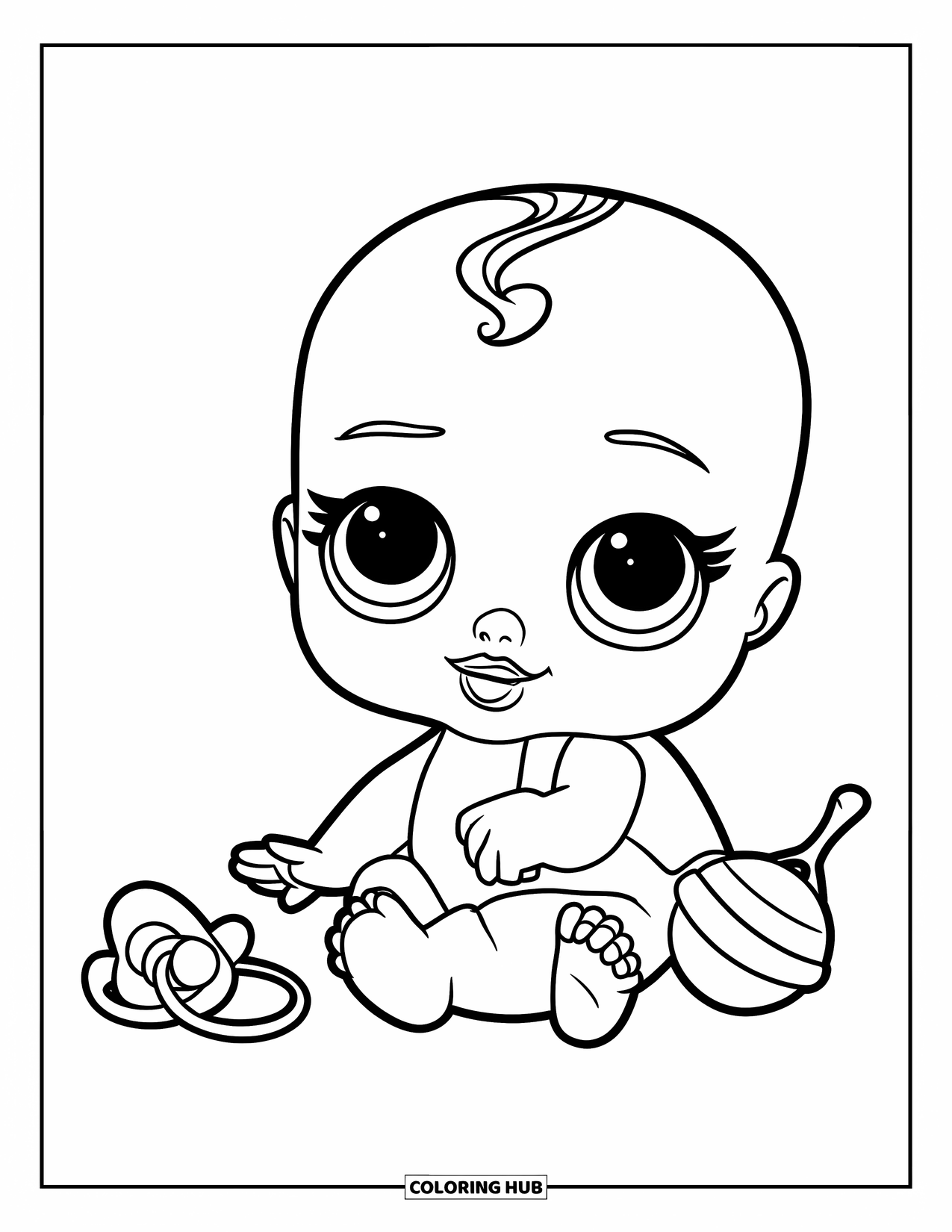 Disegno di una bambola da colorare per bambini: Una bambola neonata è seduta dritta con un ciuccio e un sonaglio accanto a lei