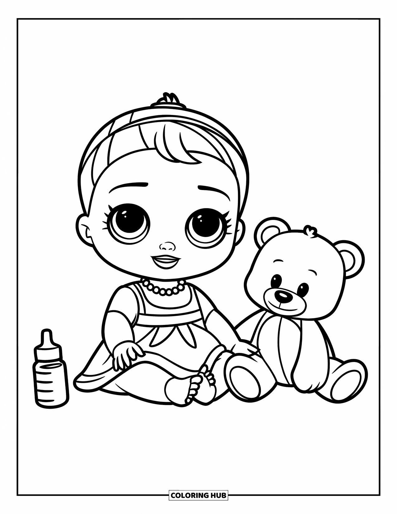 Disegno di una bambola da colorare per bambini: Una bambola neonata è seduta con un orsacchiotto e un biberon giocattolo al suo fianco