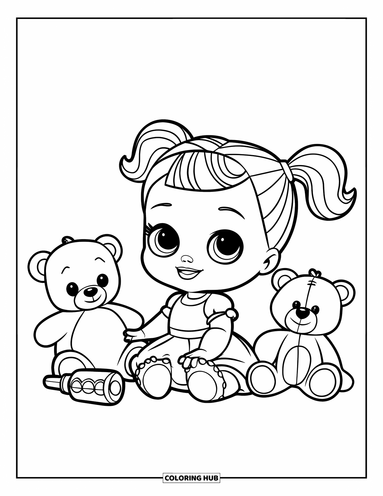 Disegno di una bambola da colorare per bambini: Una bambola neonata con codini è seduta a terra accanto al suo orsacchiotto e al biberon