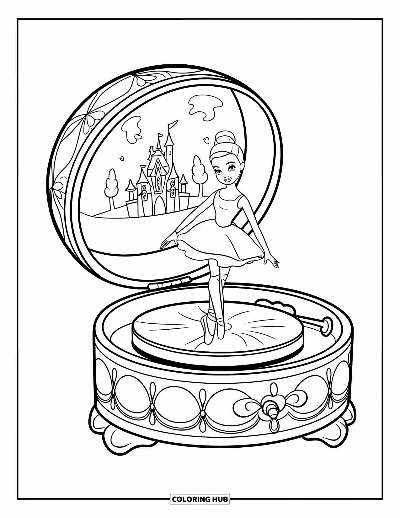 Disegno di una bambola da colorare per bambini: Una bambola ballerina gira su un giradischi all'interno di un carillon giocattolo