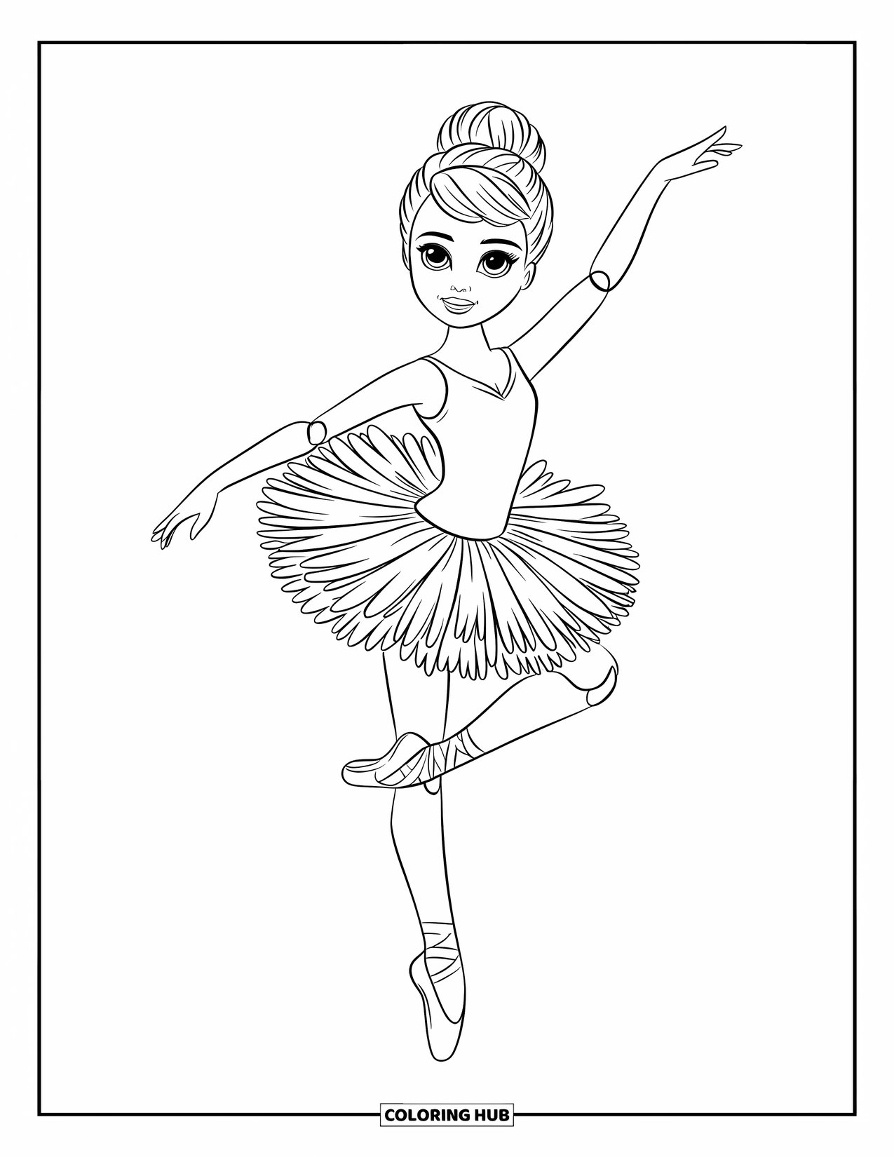 Disegno di una bambola da colorare per bambini: Una bambola ballerina è in piedi su un piede indossando un tutù vaporoso
