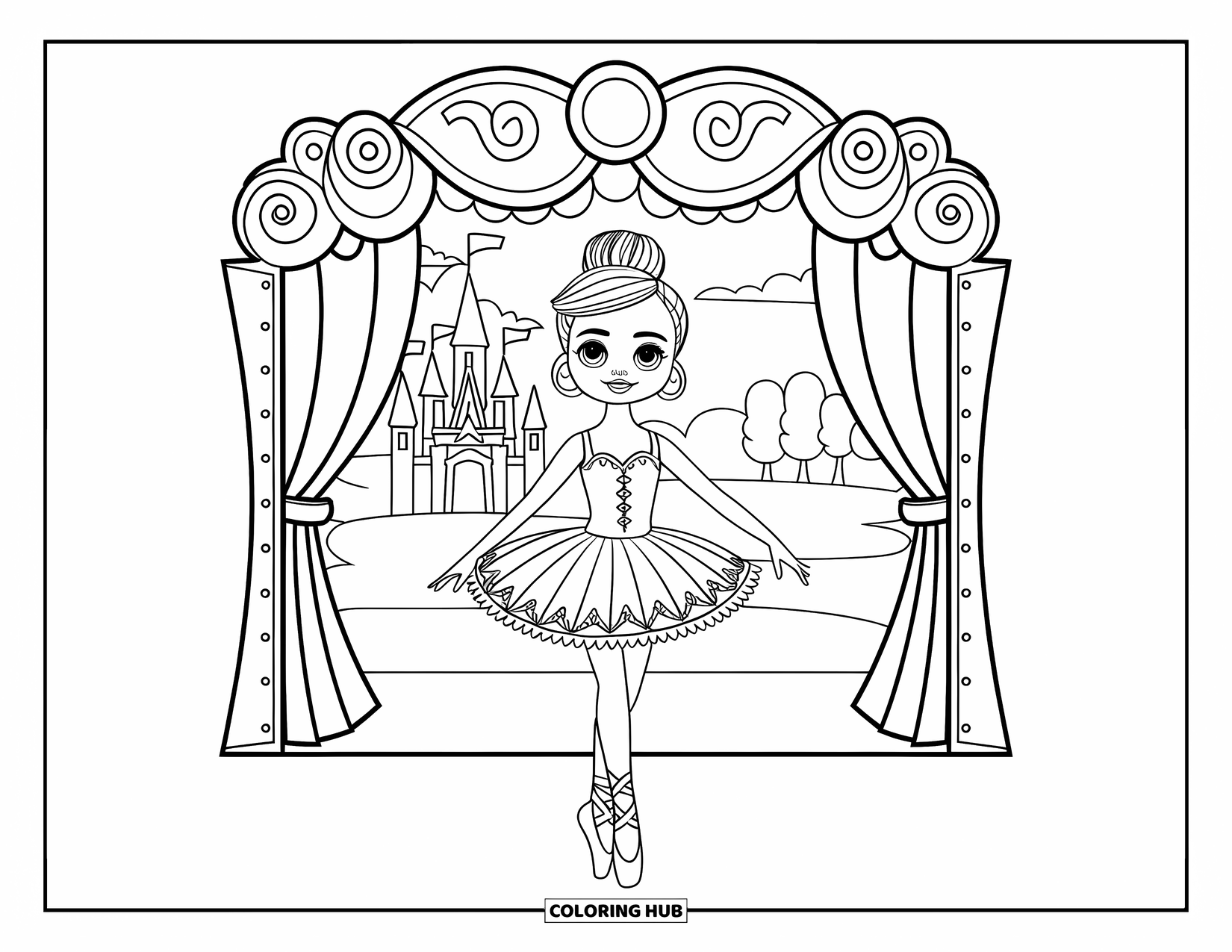 Disegno di una bambola da colorare per bambini: Una ballerina in tutù si esibisce sul palco con un castello e alberi dietro di lei