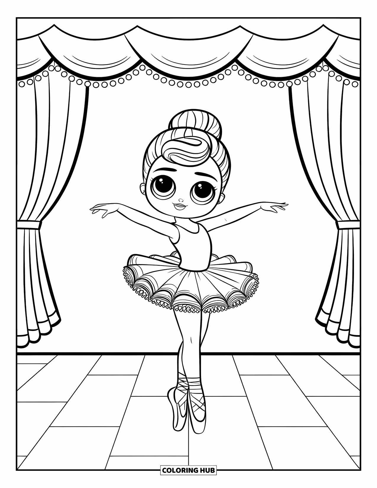 Disegno di una bambola da colorare per bambini: Una ballerina sul palco in un tutù vaporoso balla con le tende dietro di lei