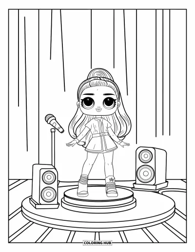 Dibujo para colorear de muñecas para niños: Una muñeca rubia actúa en una plataforma circular con altavoces y una cortina blanca