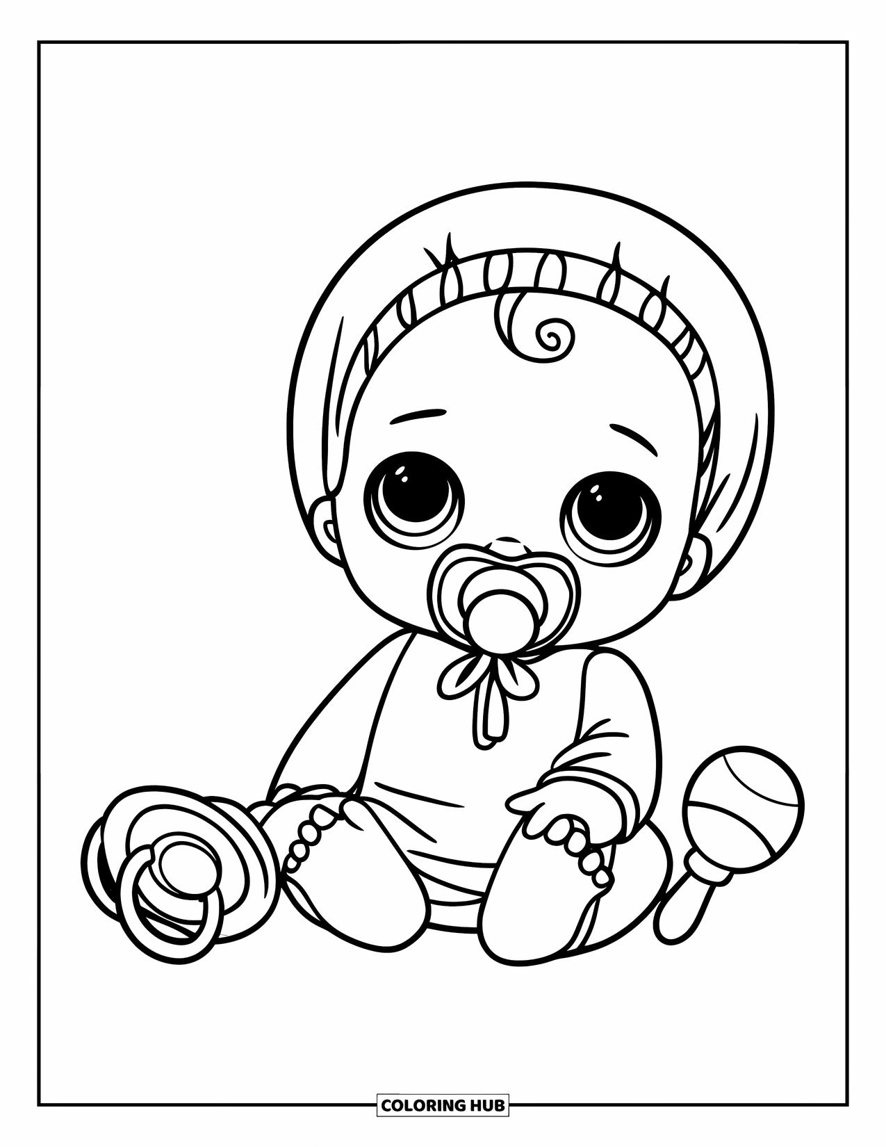 Disegno di una bambola da colorare per bambini: Una bambola neonata allegra in una cuffietta è seduta con i suoi piccoli giocattoli