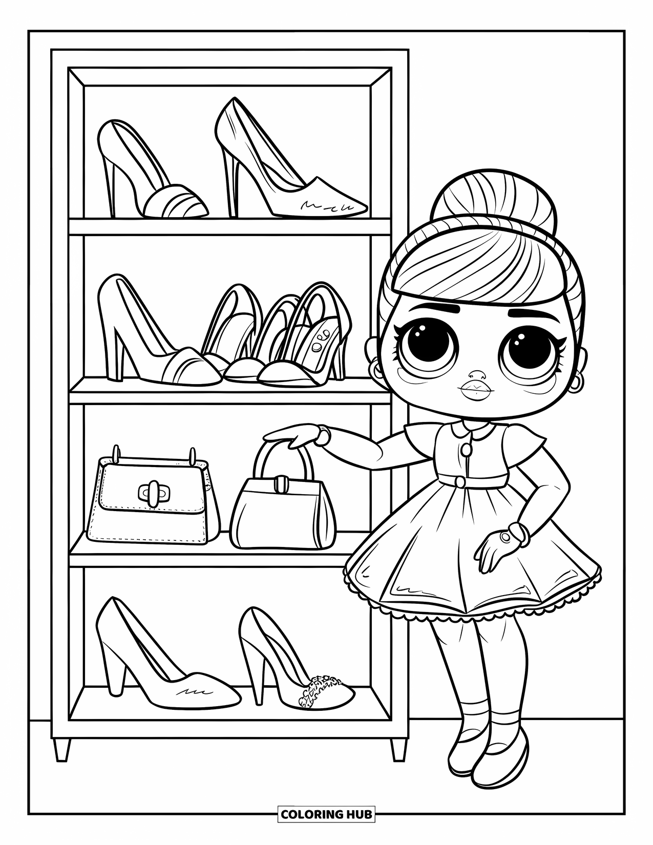 Disegno di una bambola da colorare per bambini: Una bambola da collezione posa accanto a uno scaffale pieno di piccole scarpe e borsette