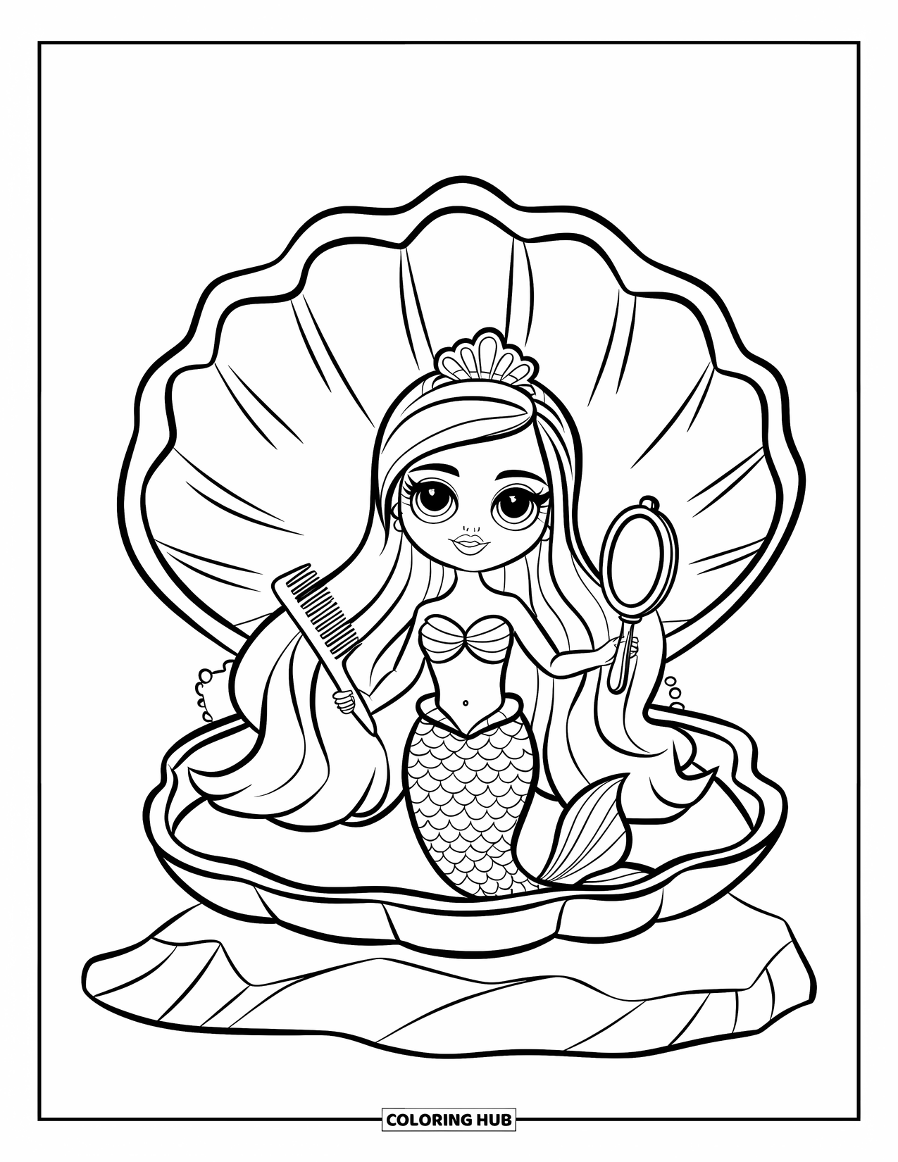 Disegno di una bambola da colorare per bambini: Una bambola sirena incoronata tiene un pettine dentro un guscio su una roccia