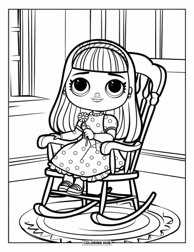 Dibujo para colorear de muñecas para niños: Una linda muñeca con un vestido de lunares se balancea suavemente mientras sostiene una pequeña flor