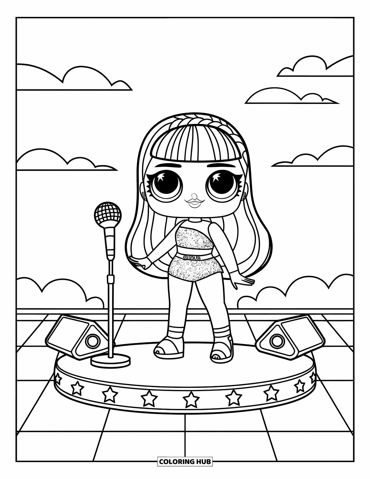 Disegno di una bambola da colorare per bambini: Una bambola in un vestito scintillante si esibisce sul palco sotto una semplice scena del cielo