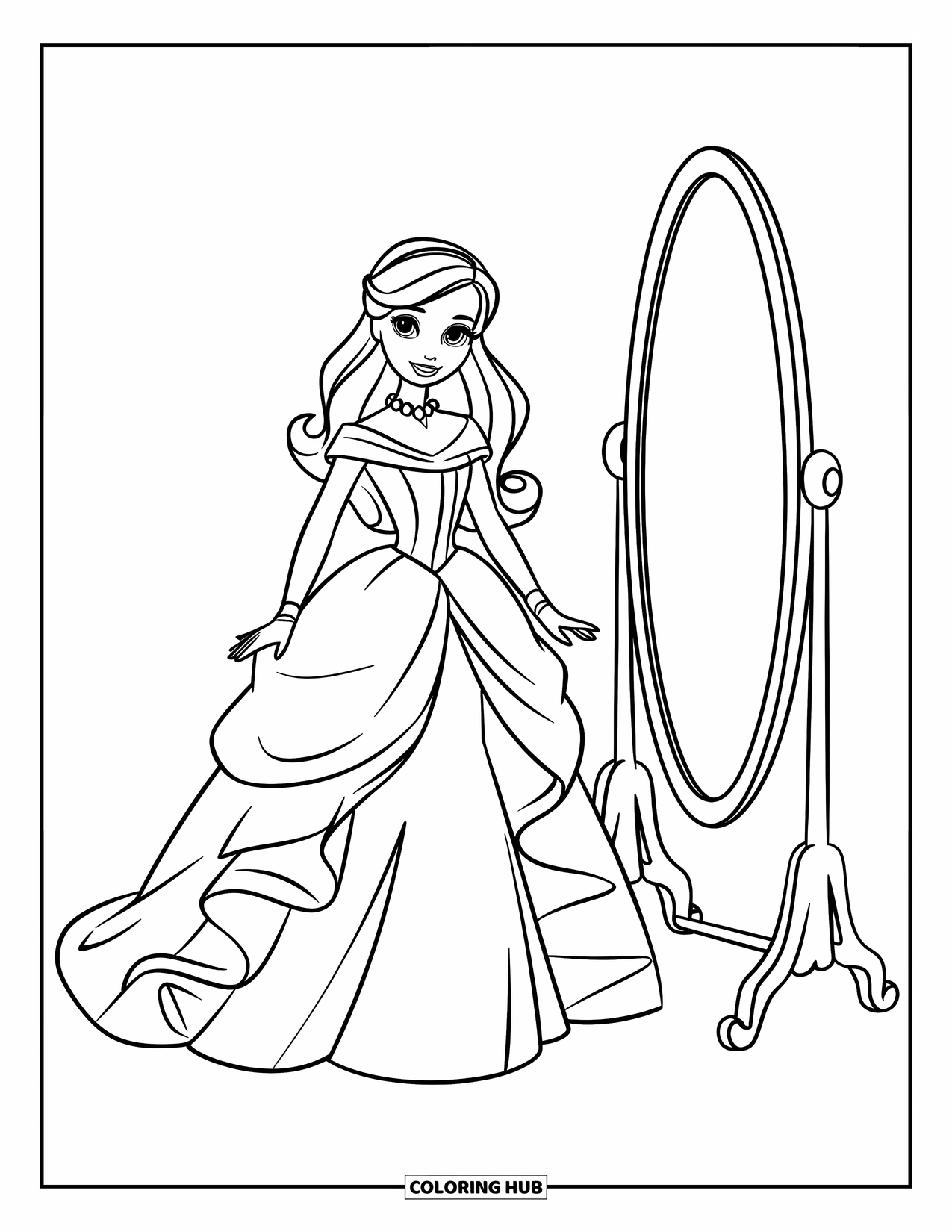 Disegno di una bambola da colorare per bambini: Una bambola in abito da sera è in piedi davanti a un mini specchio con tre piccoli specchi