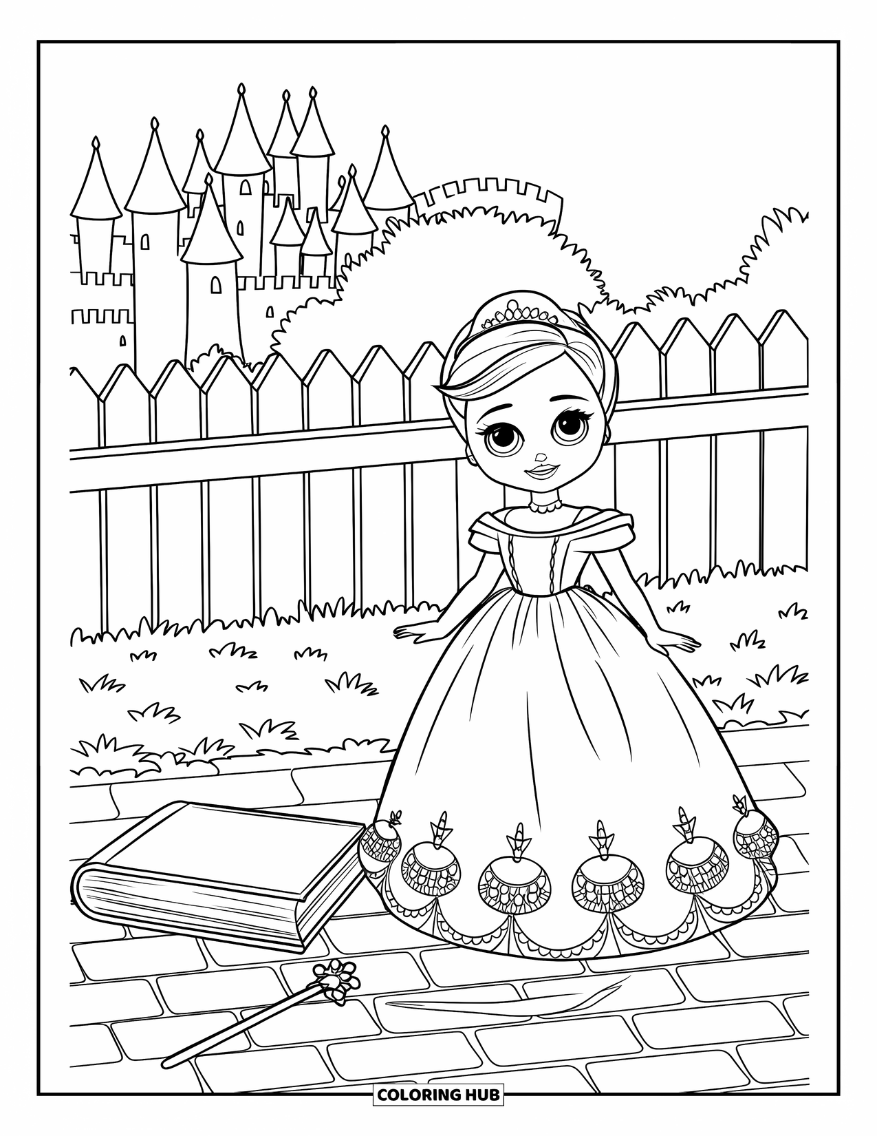 Disegno di una bambola da colorare per bambini: Una bambola in abito da sera è in piedi su un sentiero di mattoni con un castello e una staccionata dietro di lei